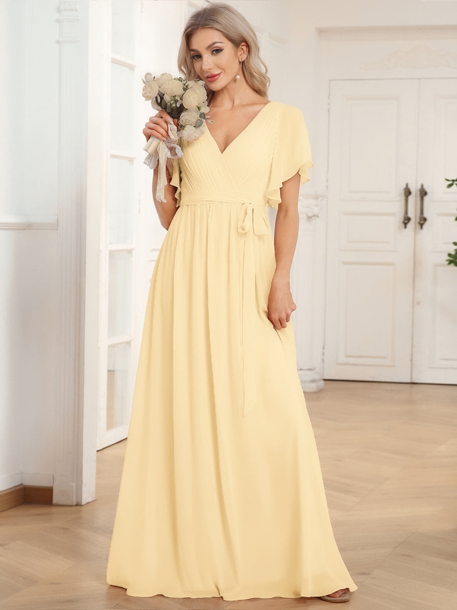 LEORA|Flowy Pleated A-Line Chiffon Tie-Waist Bridesmaid Dress