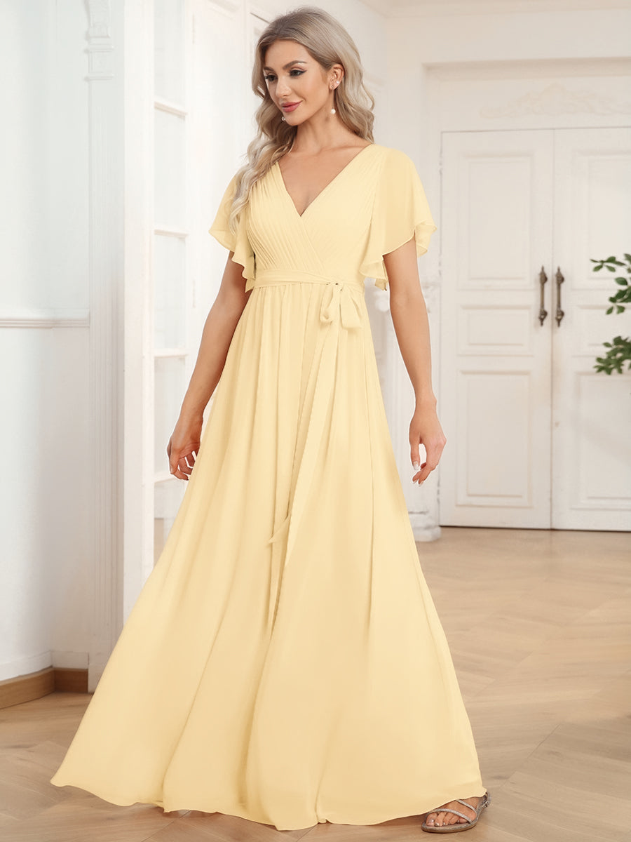 LEORA|Flowy Pleated A-Line Chiffon Tie-Waist Bridesmaid Dress