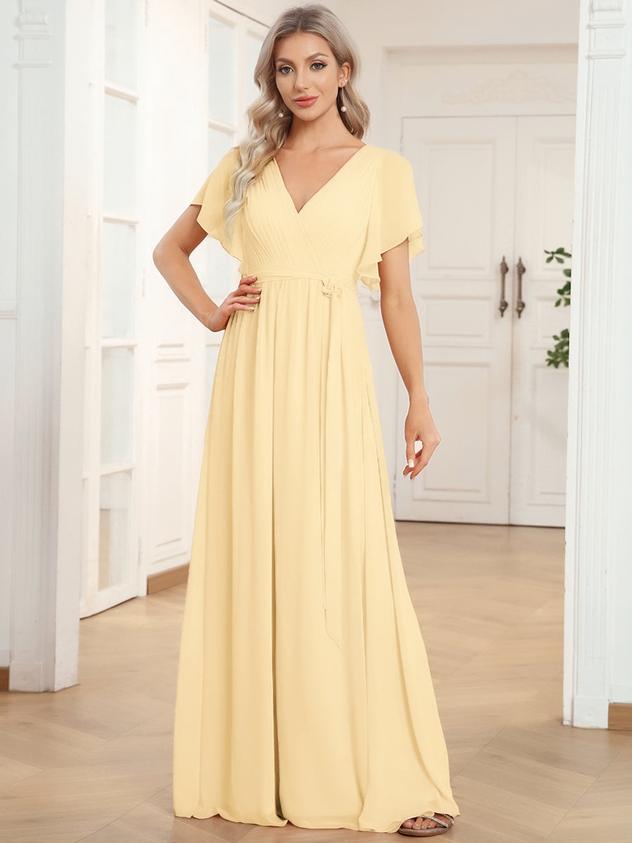LEORA|Flowy Pleated A-Line Chiffon Tie-Waist Bridesmaid Dress