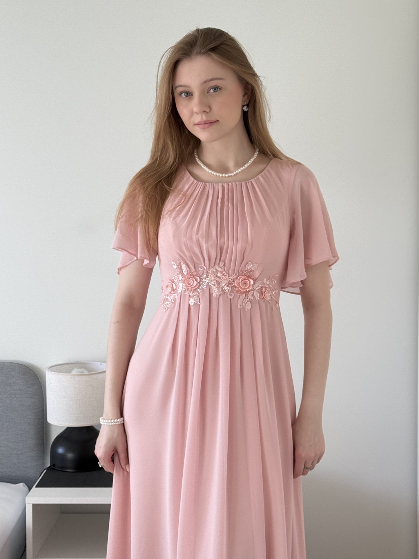 ASPYN|Pleated Applique Maxi Bridesmaid Dress