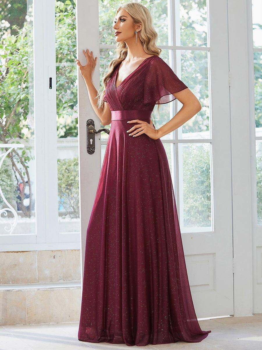 LIORÉ|Sparkling Short Sleeve V-Neck Ribbon Waist A-Line Bridesmaid Dress