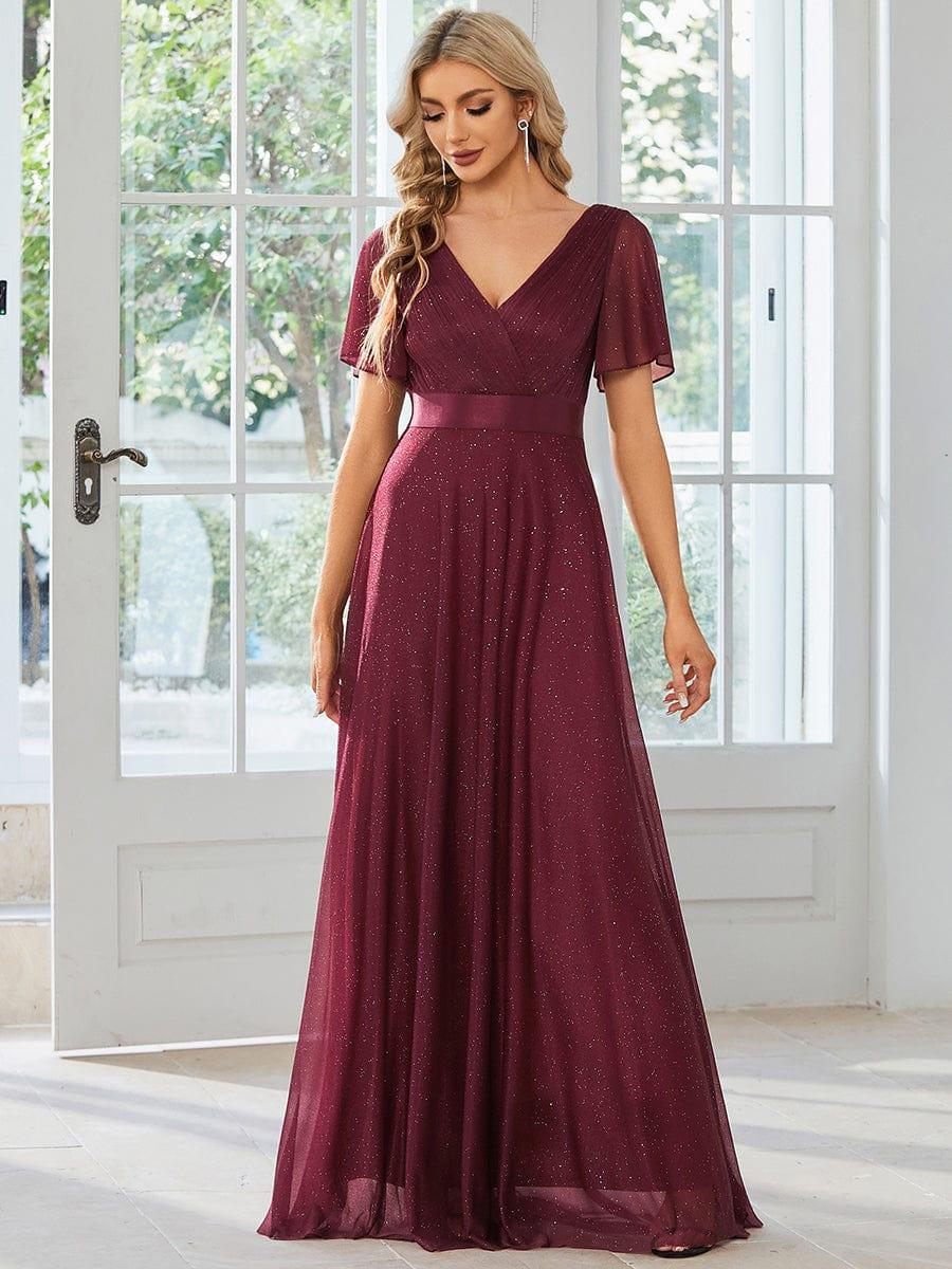 LIORÉ|Sparkling Short Sleeve V-Neck Ribbon Waist A-Line Bridesmaid Dress