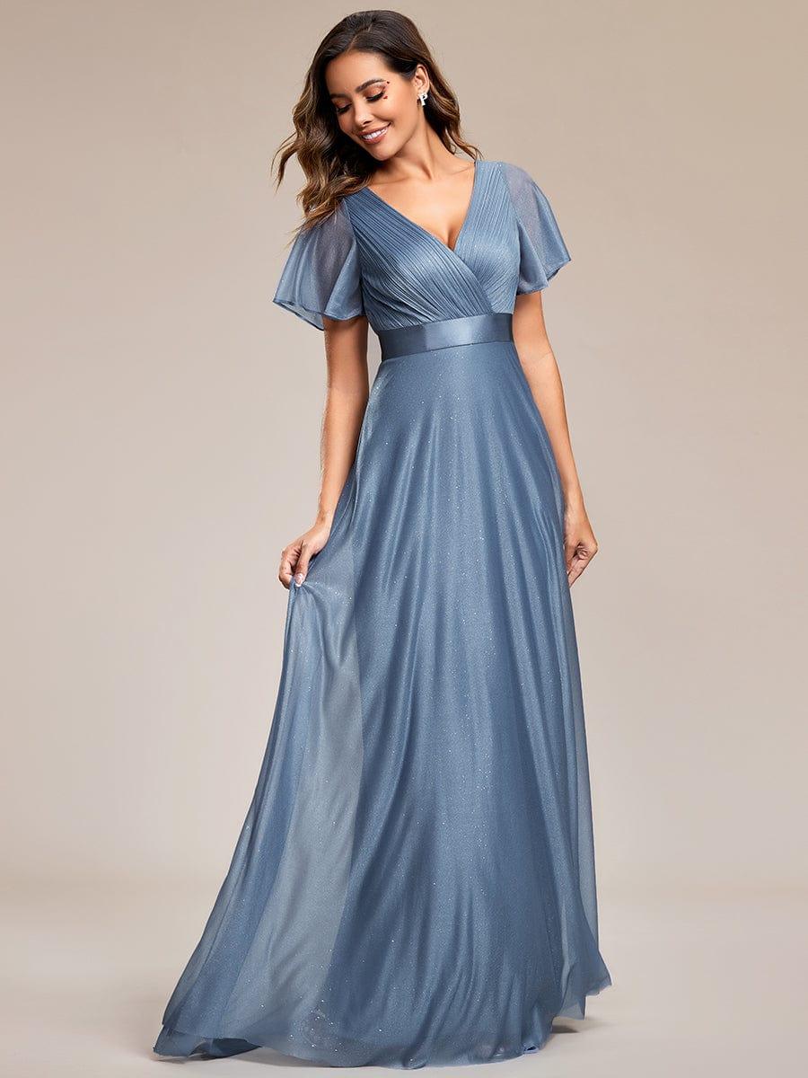 LIORÉ|Sparkling Short Sleeve V-Neck Ribbon Waist A-Line Bridesmaid Dress