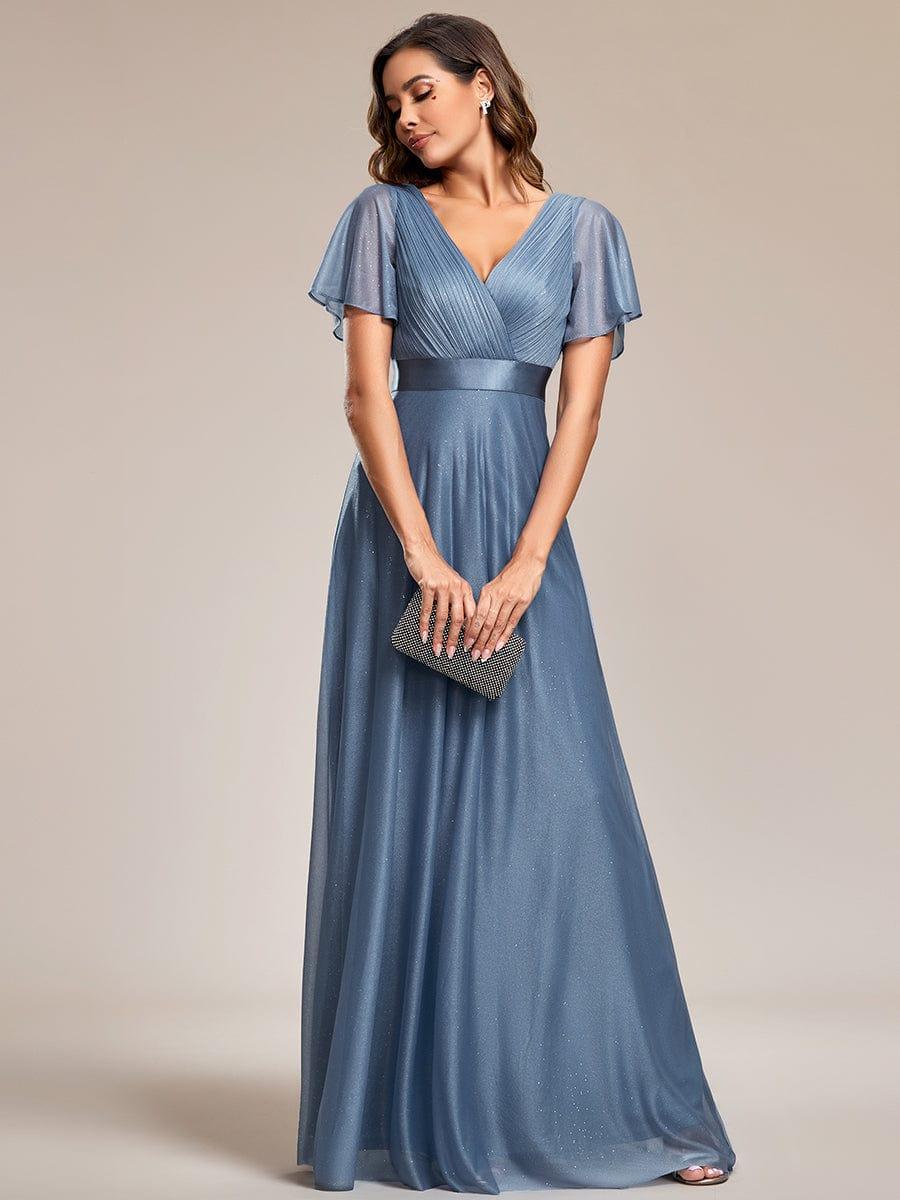 LIORÉ|Sparkling Short Sleeve V-Neck Ribbon Waist A-Line Bridesmaid Dress