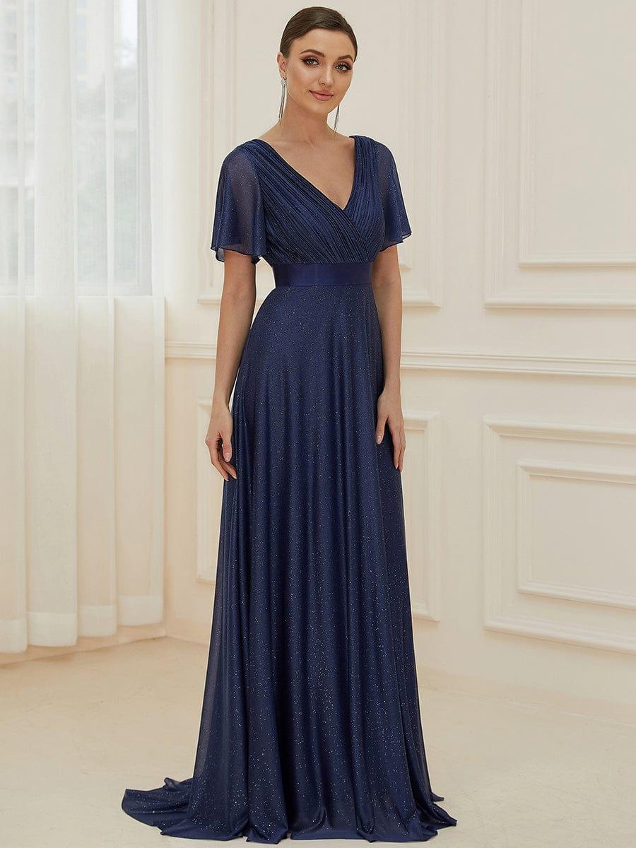 LIORÉ|Sparkling Short Sleeve V-Neck Ribbon Waist A-Line Bridesmaid Dress