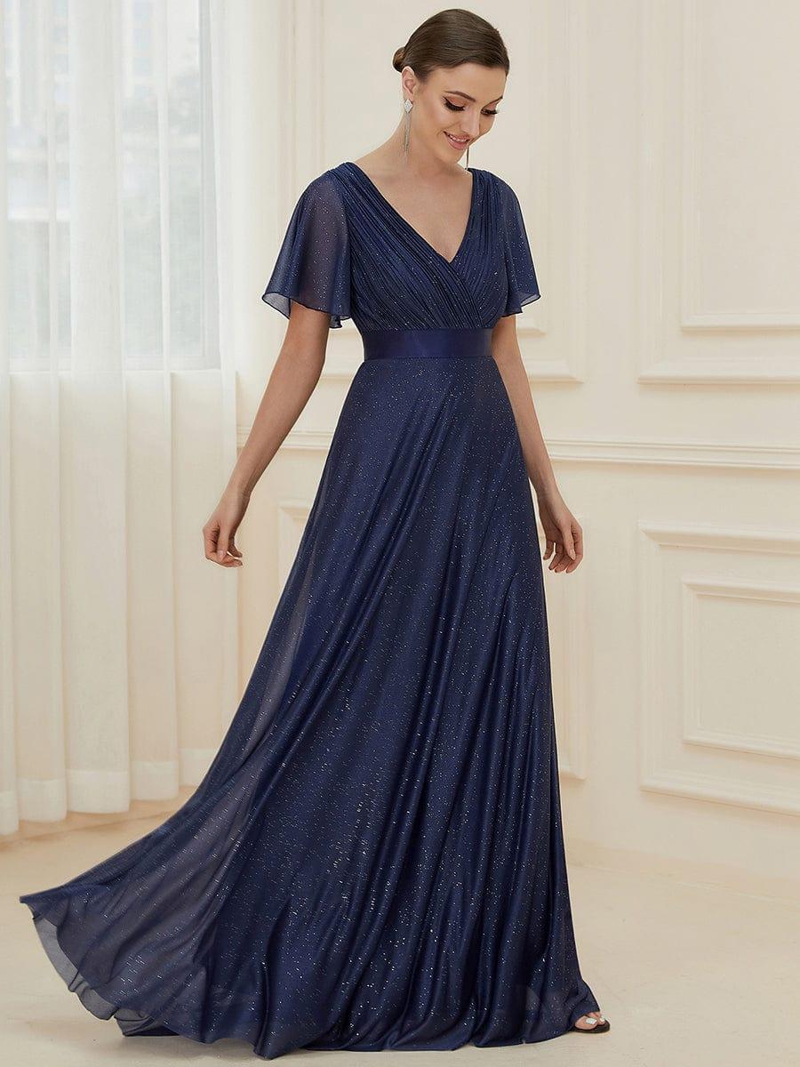 LIORÉ|Sparkling Short Sleeve V-Neck Ribbon Waist A-Line Bridesmaid Dress