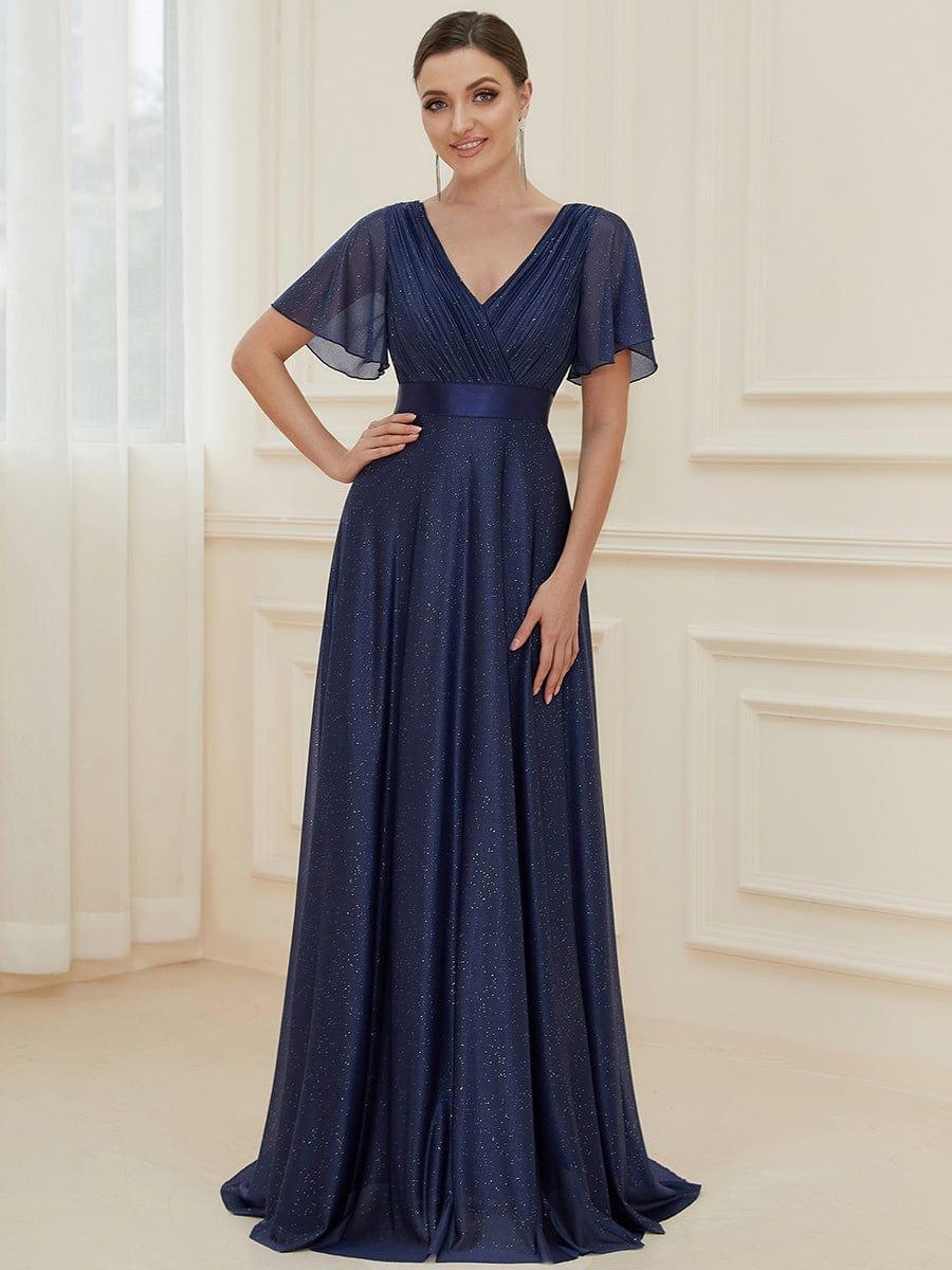 LIORÉ|Sparkling Short Sleeve V-Neck Ribbon Waist A-Line Bridesmaid Dress
