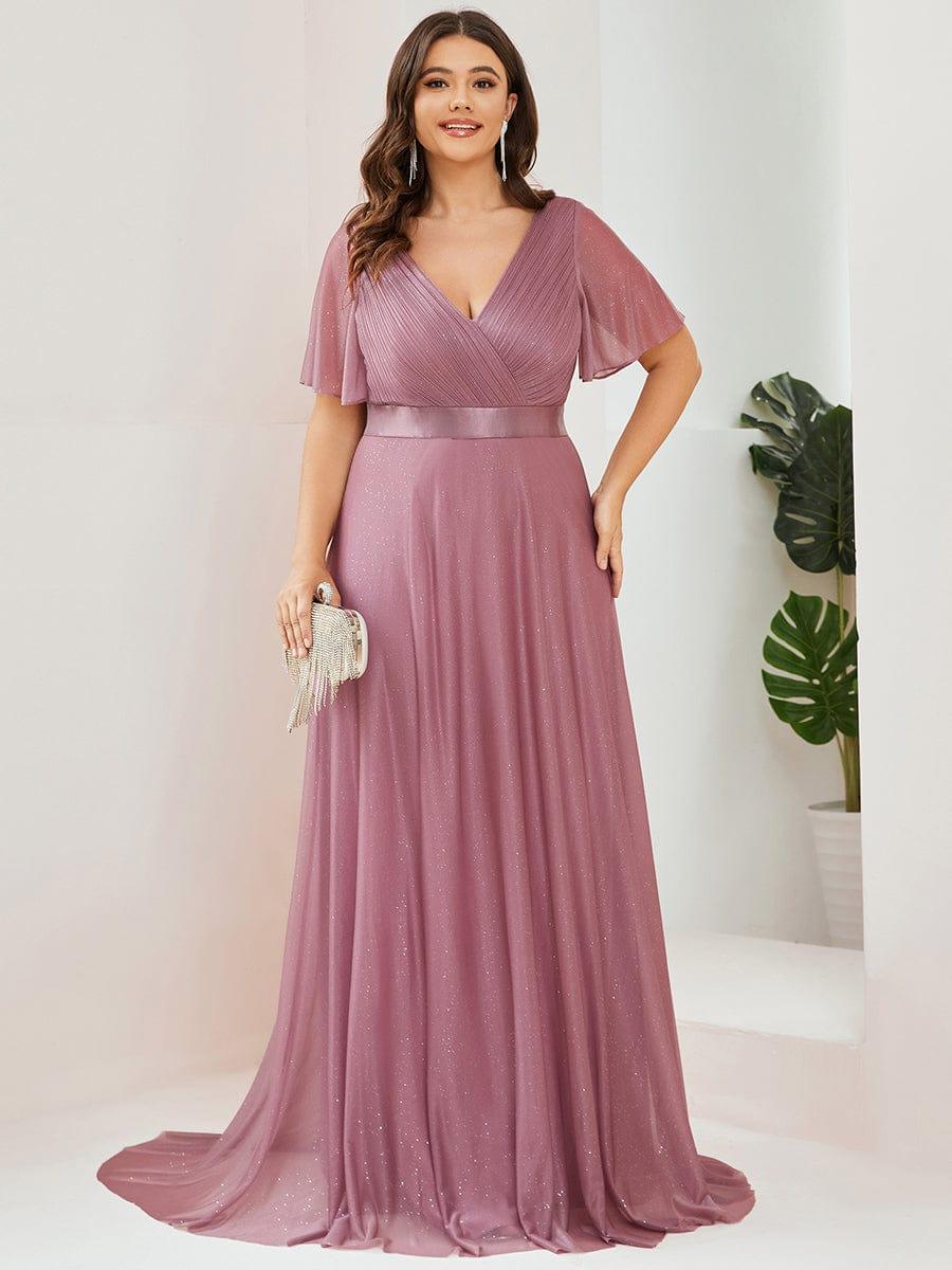 LIORÉ|Sparkling Short Sleeve V-Neck Ribbon Waist A-Line Bridesmaid Dress