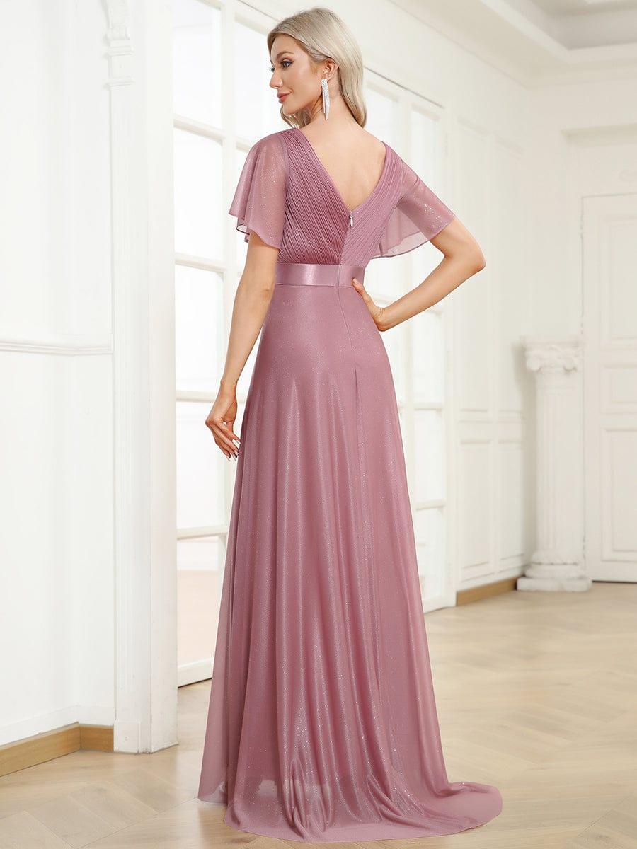 LIORÉ|Sparkling Short Sleeve V-Neck Ribbon Waist A-Line Bridesmaid Dress