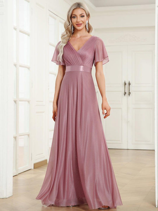 LIORÉ|Sparkling Short Sleeve V-Neck Ribbon Waist A-Line Bridesmaid Dress