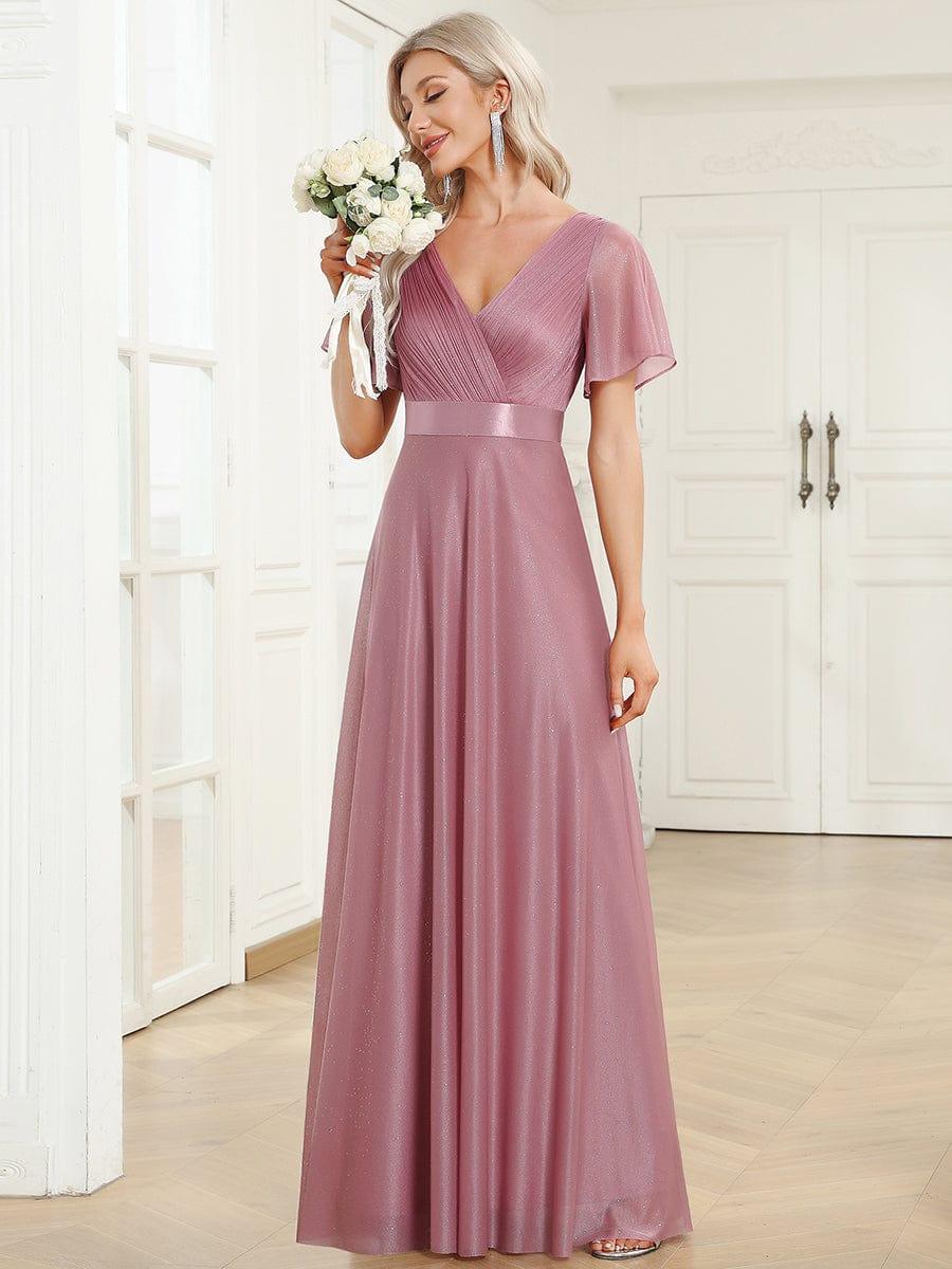 LIORÉ|Sparkling Short Sleeve V-Neck Ribbon Waist A-Line Bridesmaid Dress