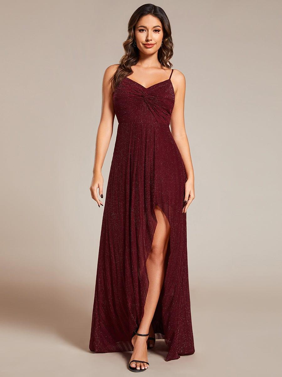 Elegant High Slit V-Neck Sleeveless Bridesmaid Dress with Pleating
