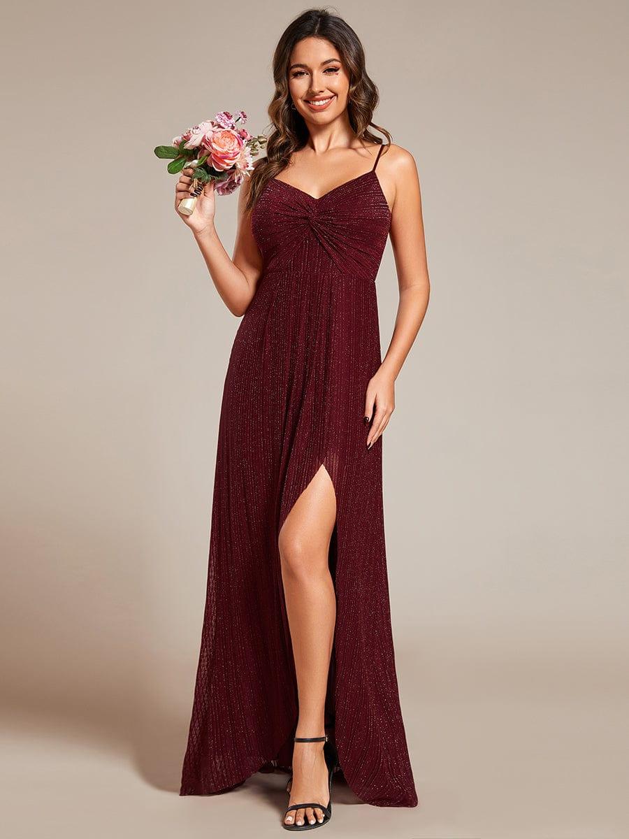 Elegant High Slit V-Neck Sleeveless Bridesmaid Dress with Pleating