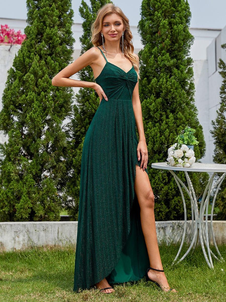 Elegant High Slit V-Neck Sleeveless Bridesmaid Dress with Pleating
