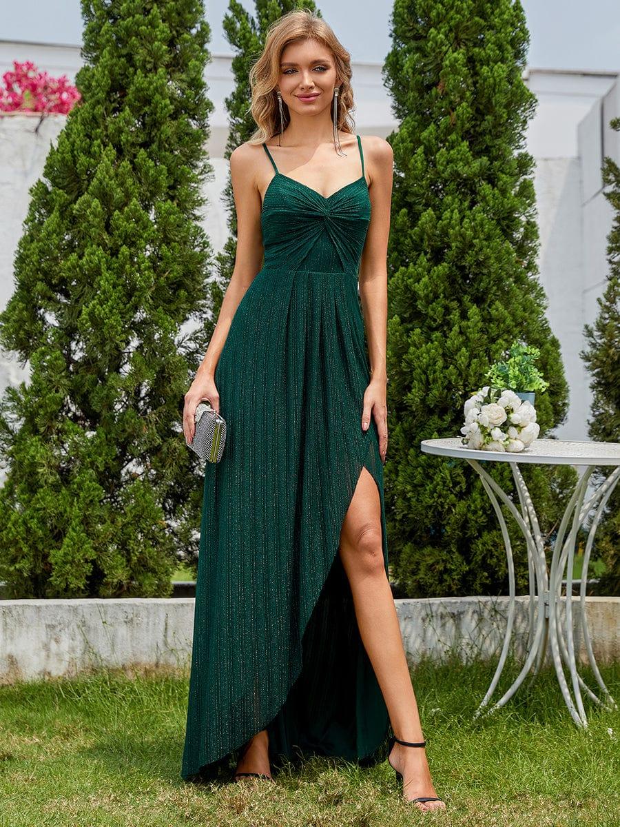 Elegant High Slit V-Neck Sleeveless Bridesmaid Dress with Pleating