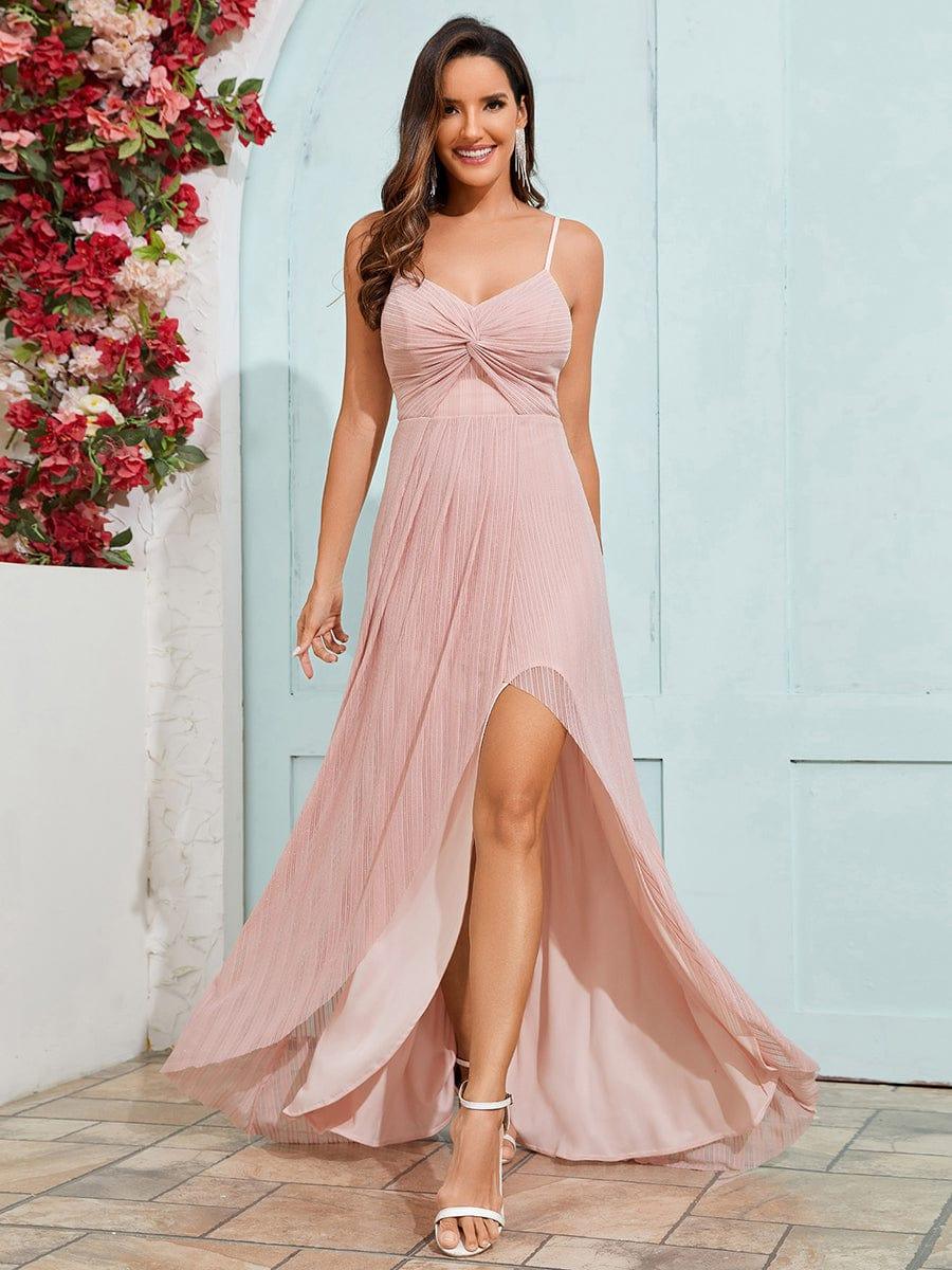 Elegant High Slit V-Neck Sleeveless Bridesmaid Dress with Pleating