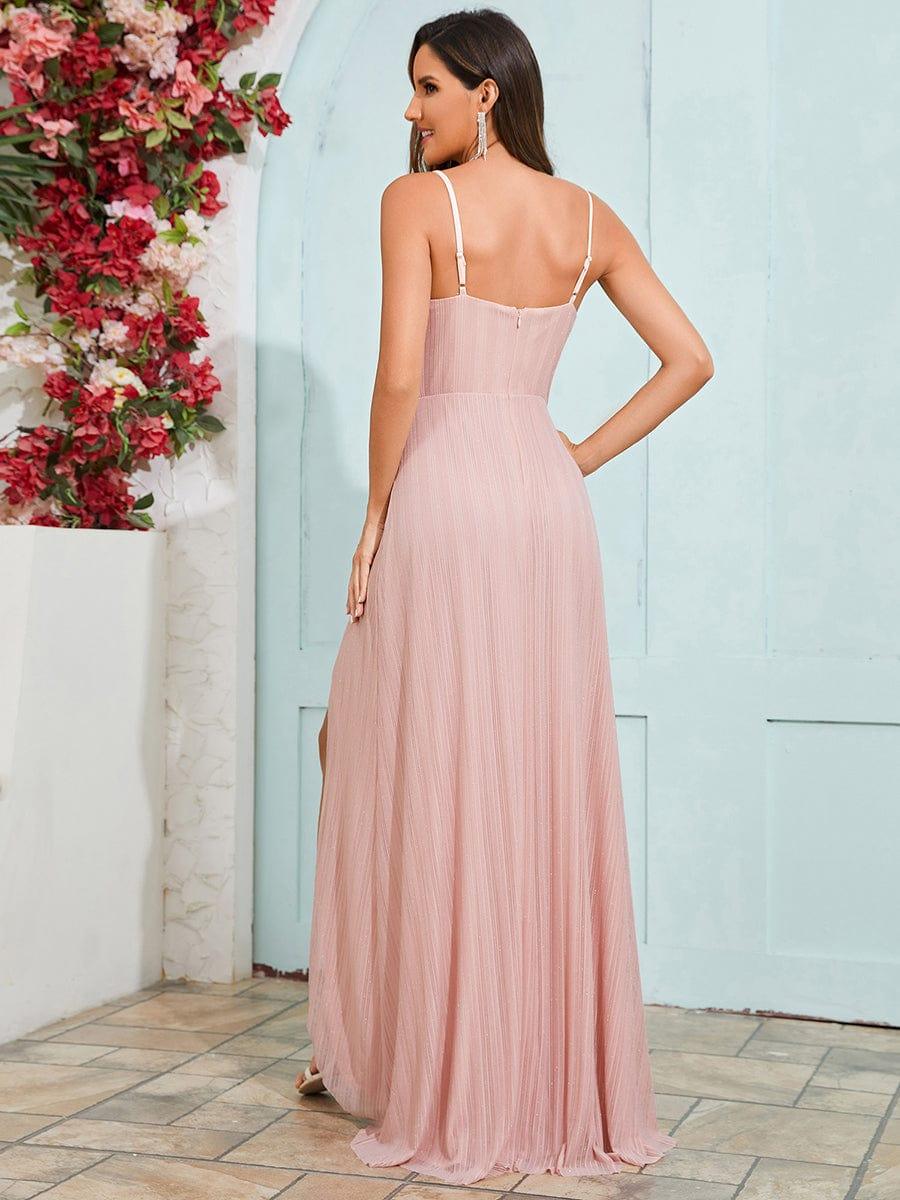 Elegant High Slit V-Neck Sleeveless Bridesmaid Dress with Pleating