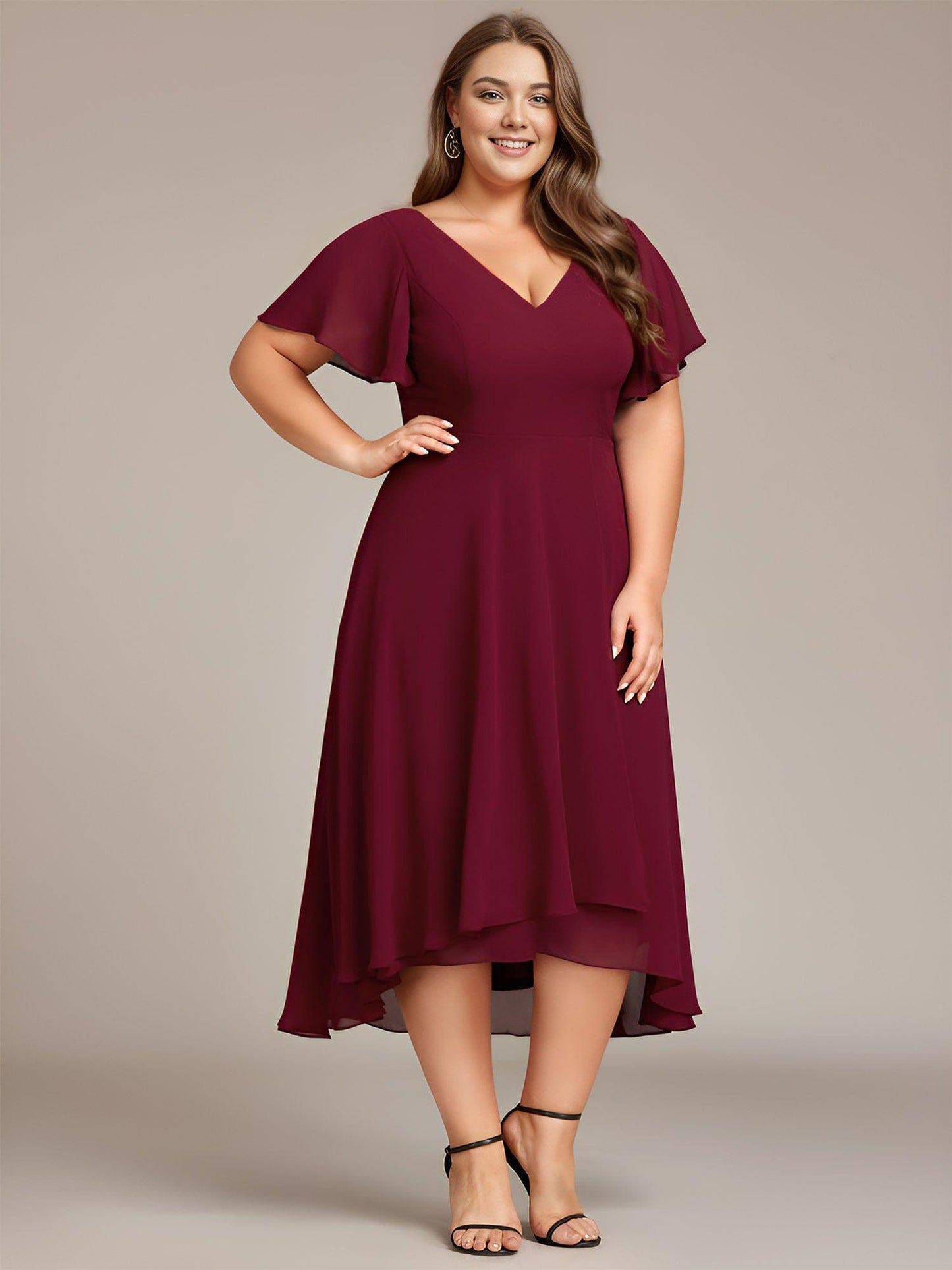 AALIA|Flowing Chiffon V-Neck Ruffle Sleeves Bridesmaid Dress