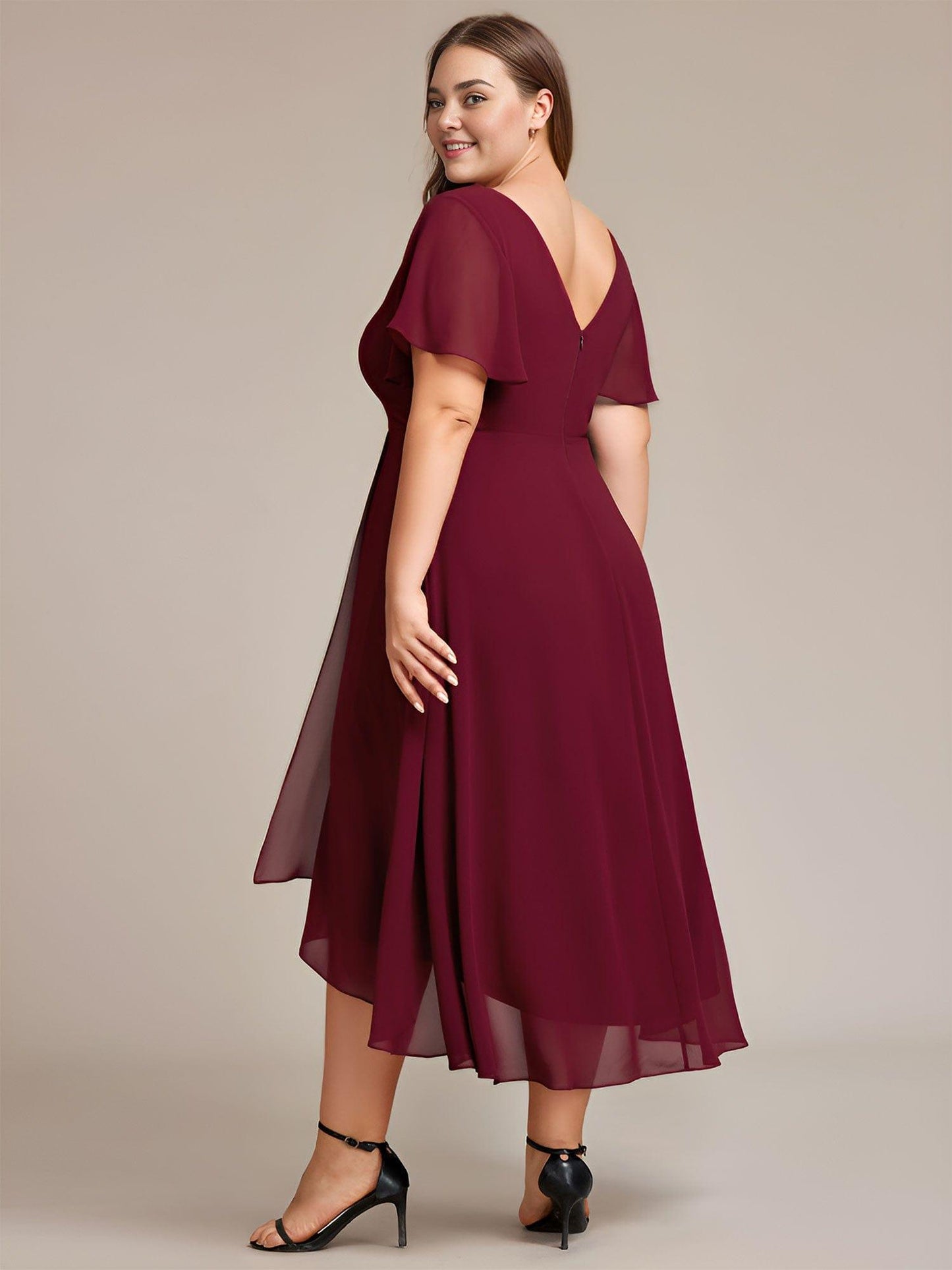 AALIA|Flowing Chiffon V-Neck Ruffle Sleeves Bridesmaid Dress