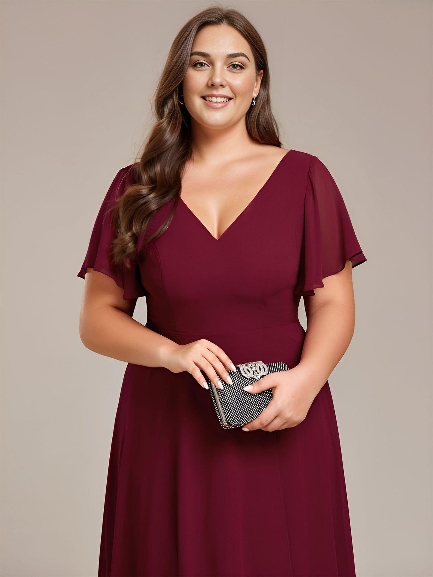 AALIA|Flowing Chiffon V-Neck Ruffle Sleeves Bridesmaid Dress