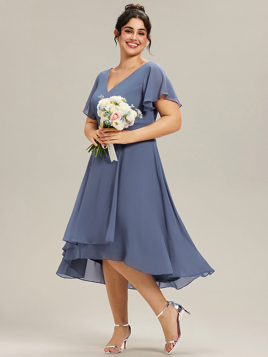 pretty AALIA|Plus Size Flowing Chiffon V-Neck Ruffle Sleeves Bridesmaid Dress