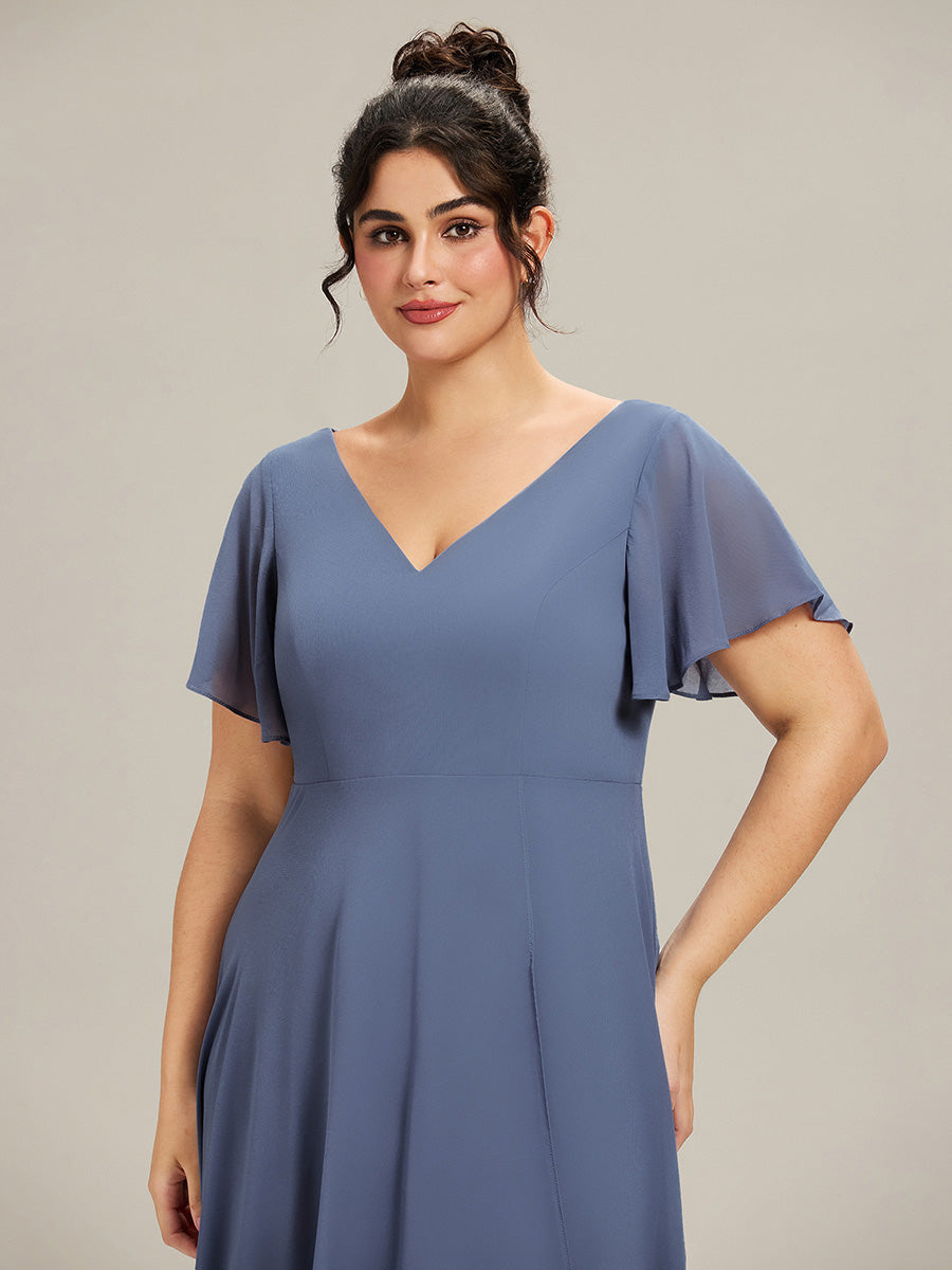 AALIA|Flowing Chiffon V-Neck Ruffle Sleeves Bridesmaid Dress