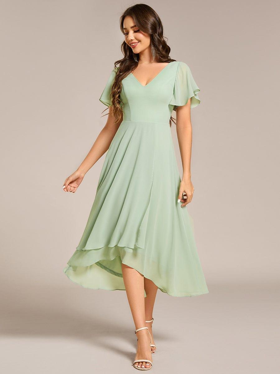 AALIA|Flowing Chiffon V-Neck Ruffle Sleeves Bridesmaid Dress