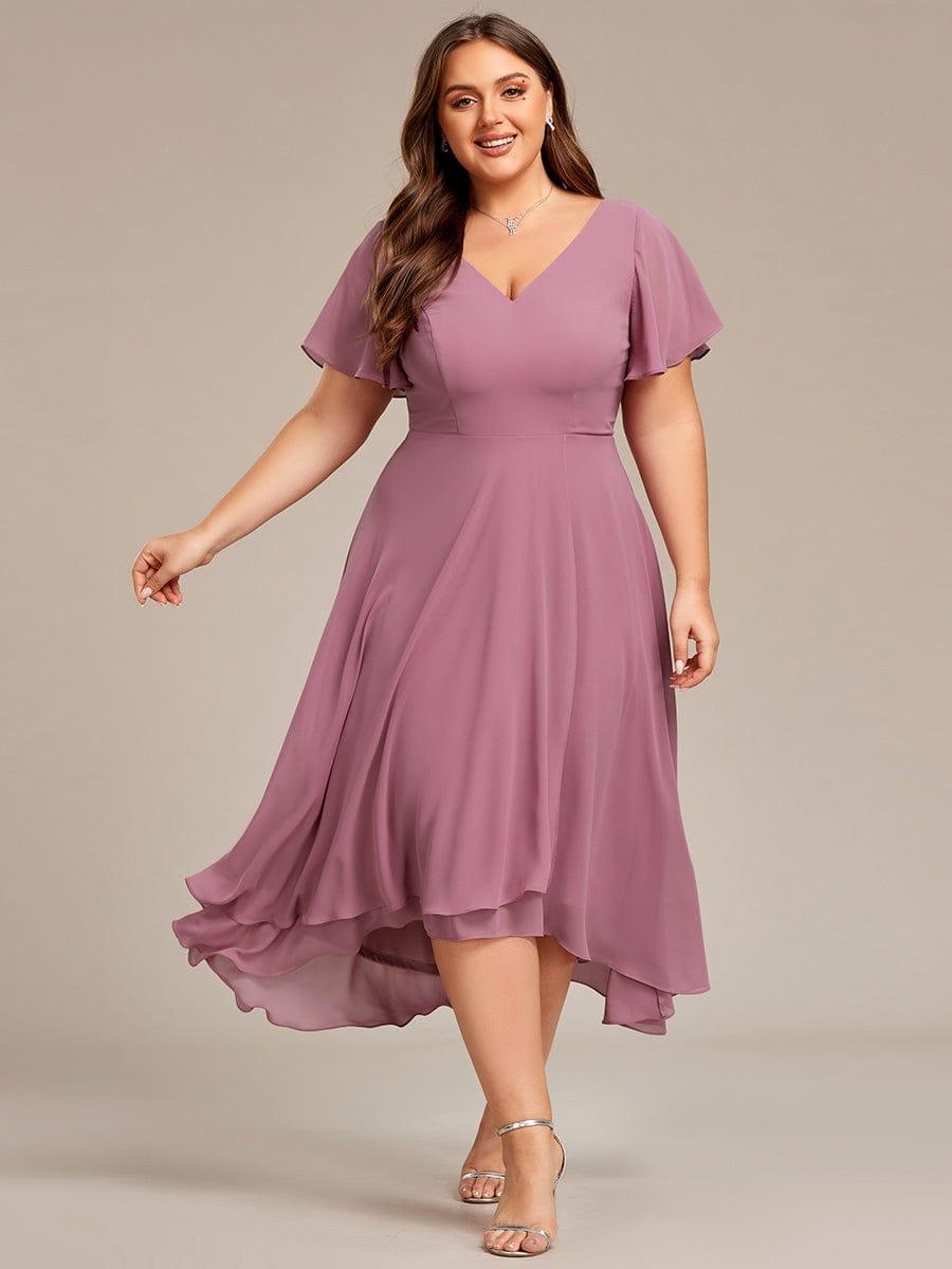 pretty AALIA|Plus Size Flowing Chiffon V-Neck Ruffle Sleeves Bridesmaid Dress