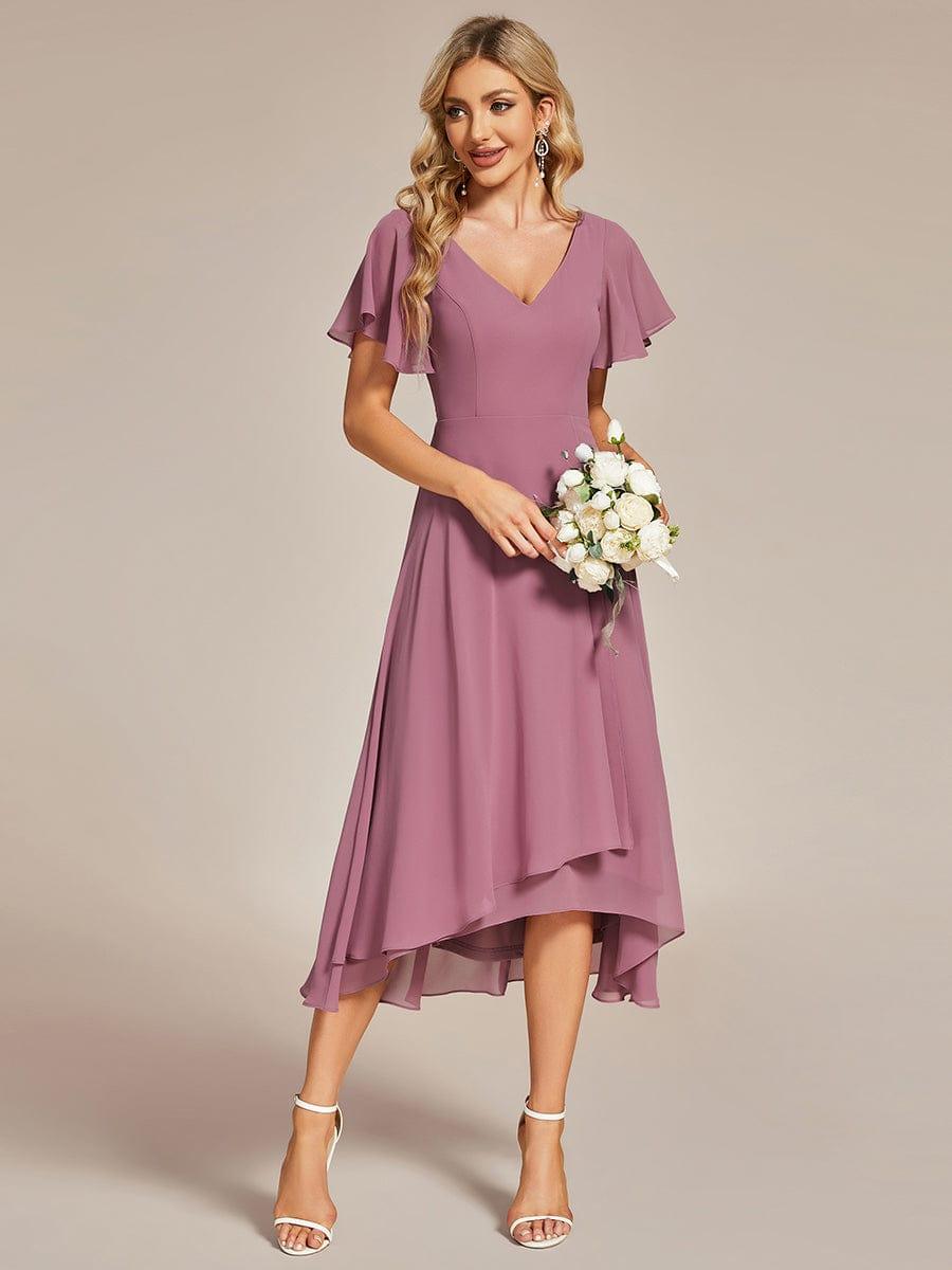 AALIA|Flowing Chiffon V-Neck Ruffle Sleeves Bridesmaid Dress
