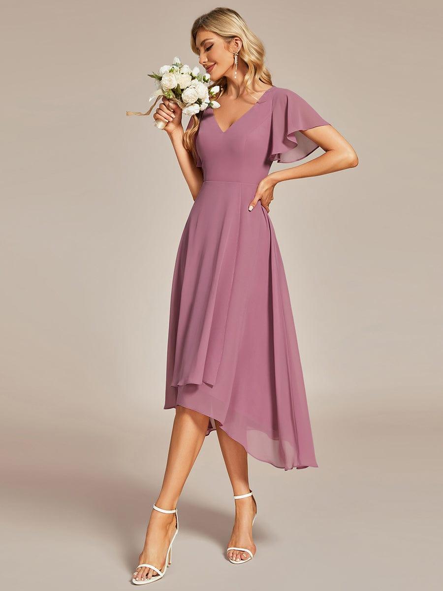 AALIA|Flowing Chiffon V-Neck Ruffle Sleeves Bridesmaid Dress
