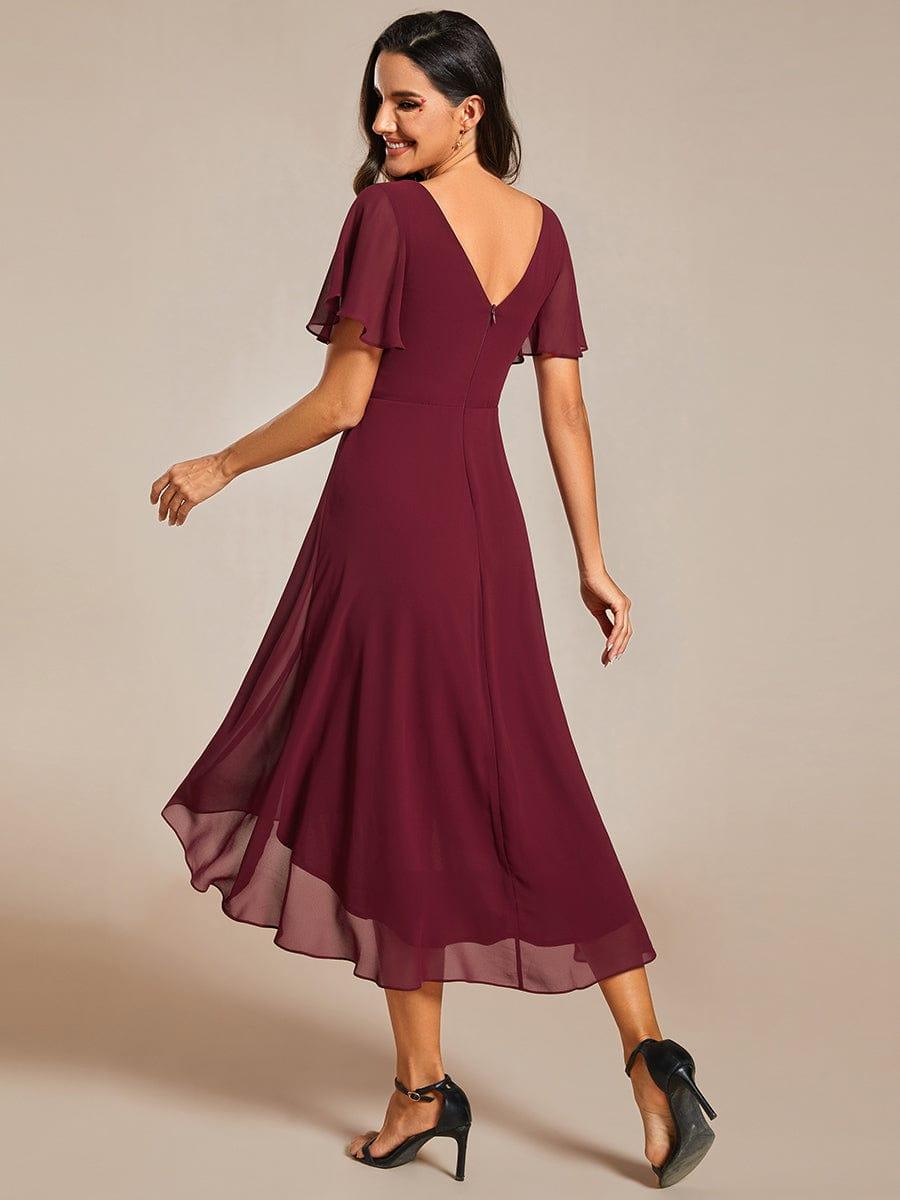 FAYE|Pleated Asymmetrical Hem Ruffles Sleeve Chiffon Bridesmaid Dress