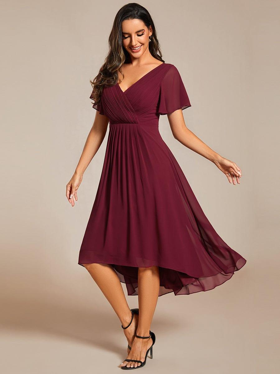 FAYE|Pleated Asymmetrical Hem Ruffles Sleeve Chiffon Bridesmaid Dress
