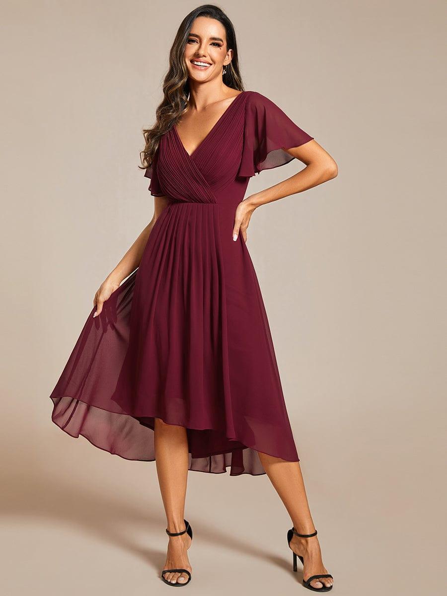 FAYE|Pleated Asymmetrical Hem Ruffles Sleeve Chiffon Bridesmaid Dress