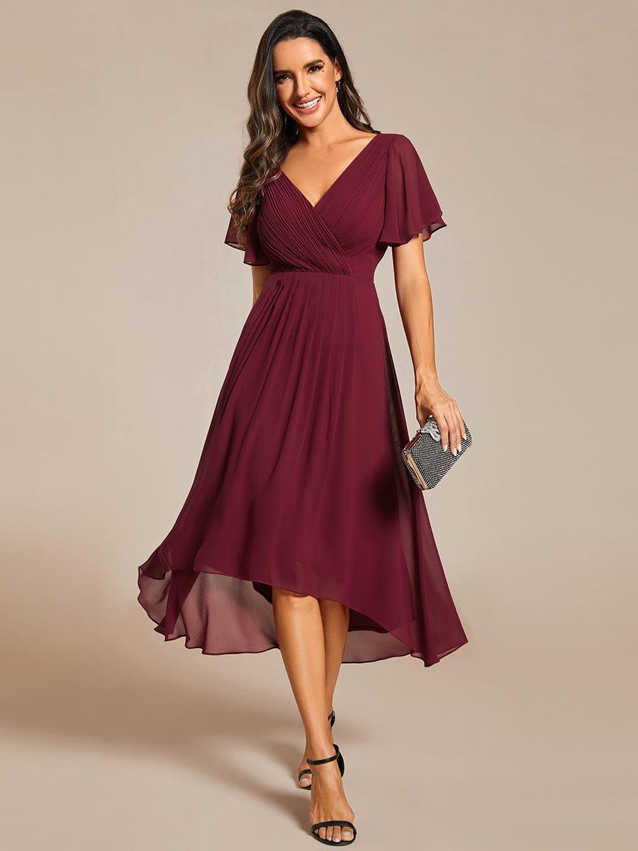 FAYE|Pleated Asymmetrical Hem Ruffles Sleeve Chiffon Bridesmaid Dress