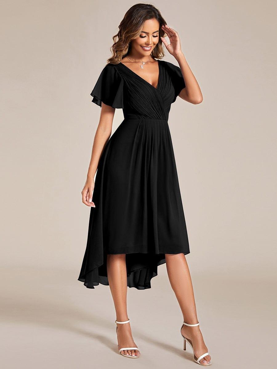 FAYE|Pleated Asymmetrical Hem Ruffles Sleeve Chiffon Bridesmaid Dress