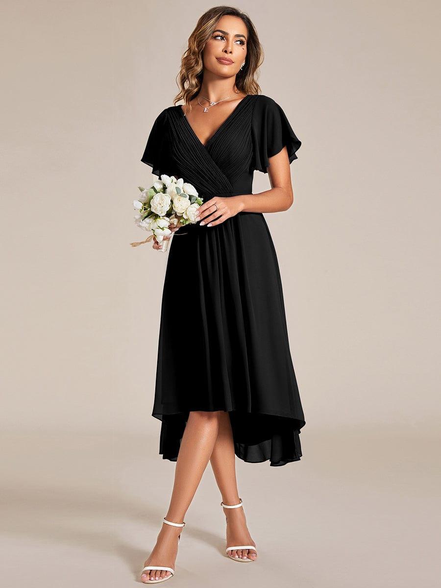 FAYE|Pleated Asymmetrical Hem Ruffles Sleeve Chiffon Bridesmaid Dress