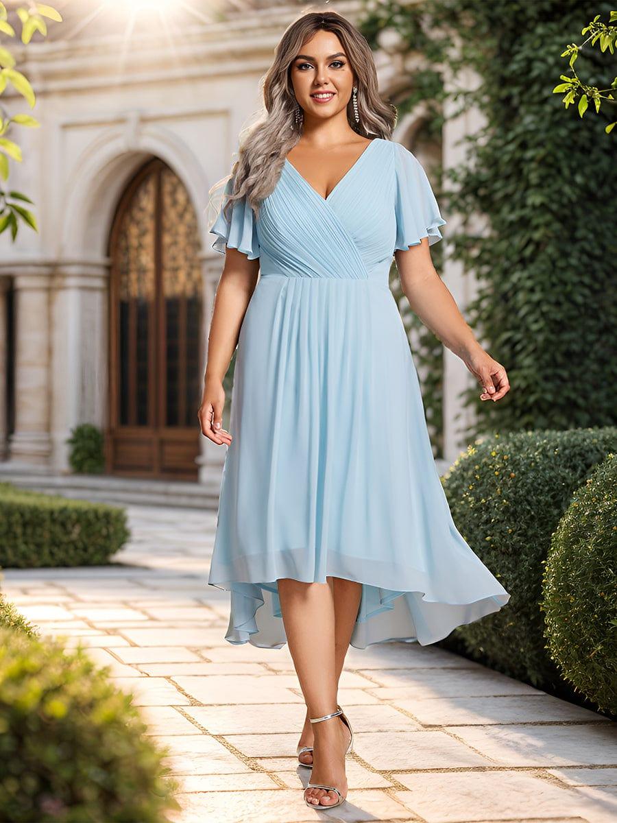 FAYE|Pleated Asymmetrical Hem Ruffles Sleeve Chiffon Bridesmaid Dress
