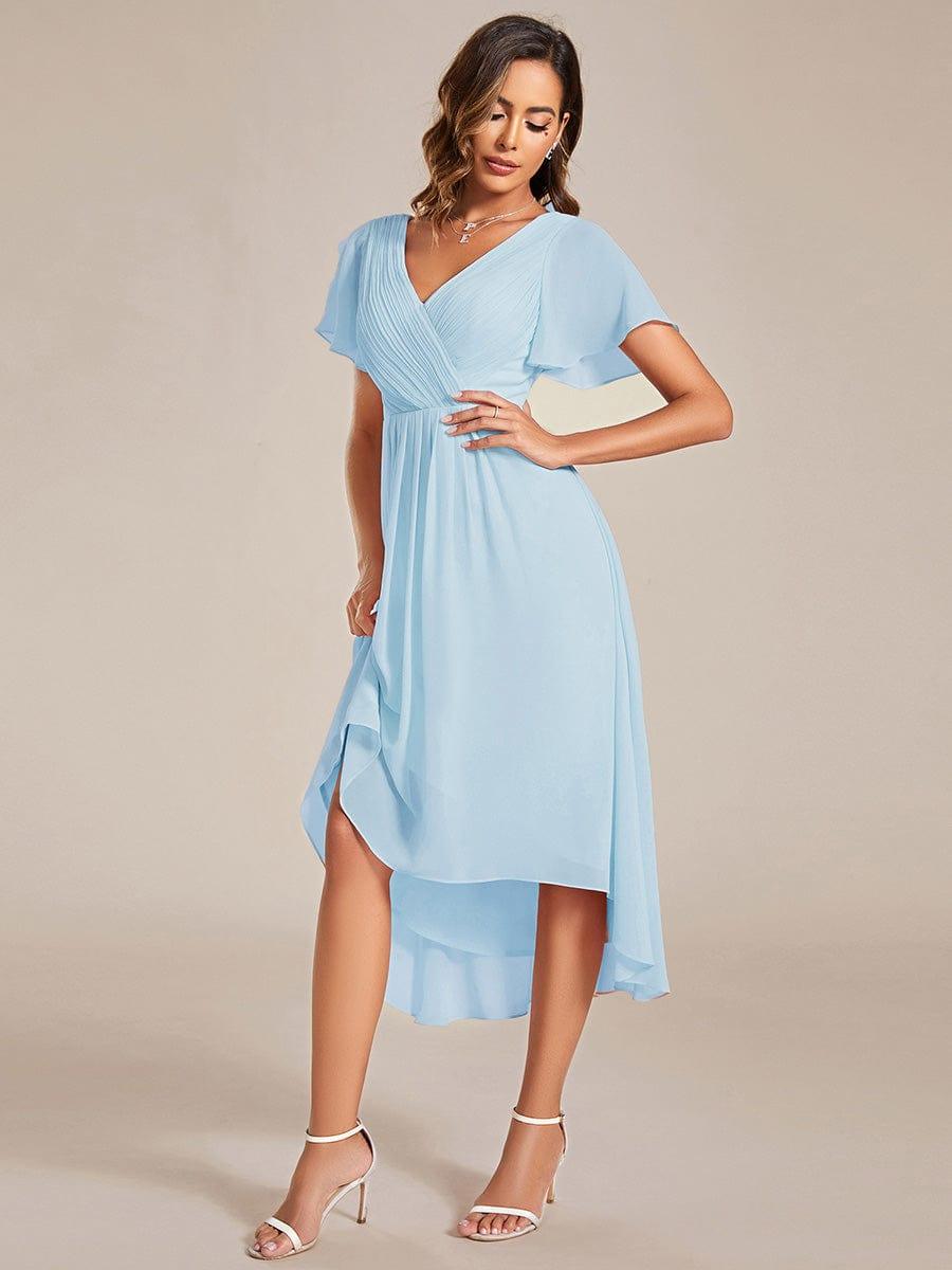 FAYE|Pleated Asymmetrical Hem Ruffles Sleeve Chiffon Bridesmaid Dress