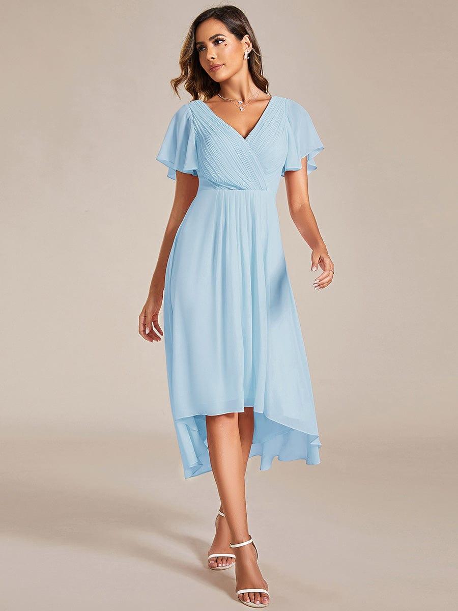 FAYE|Pleated Asymmetrical Hem Ruffles Sleeve Chiffon Bridesmaid Dress