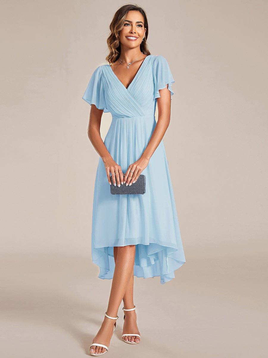 FAYE|Pleated Asymmetrical Hem Ruffles Sleeve Chiffon Bridesmaid Dress