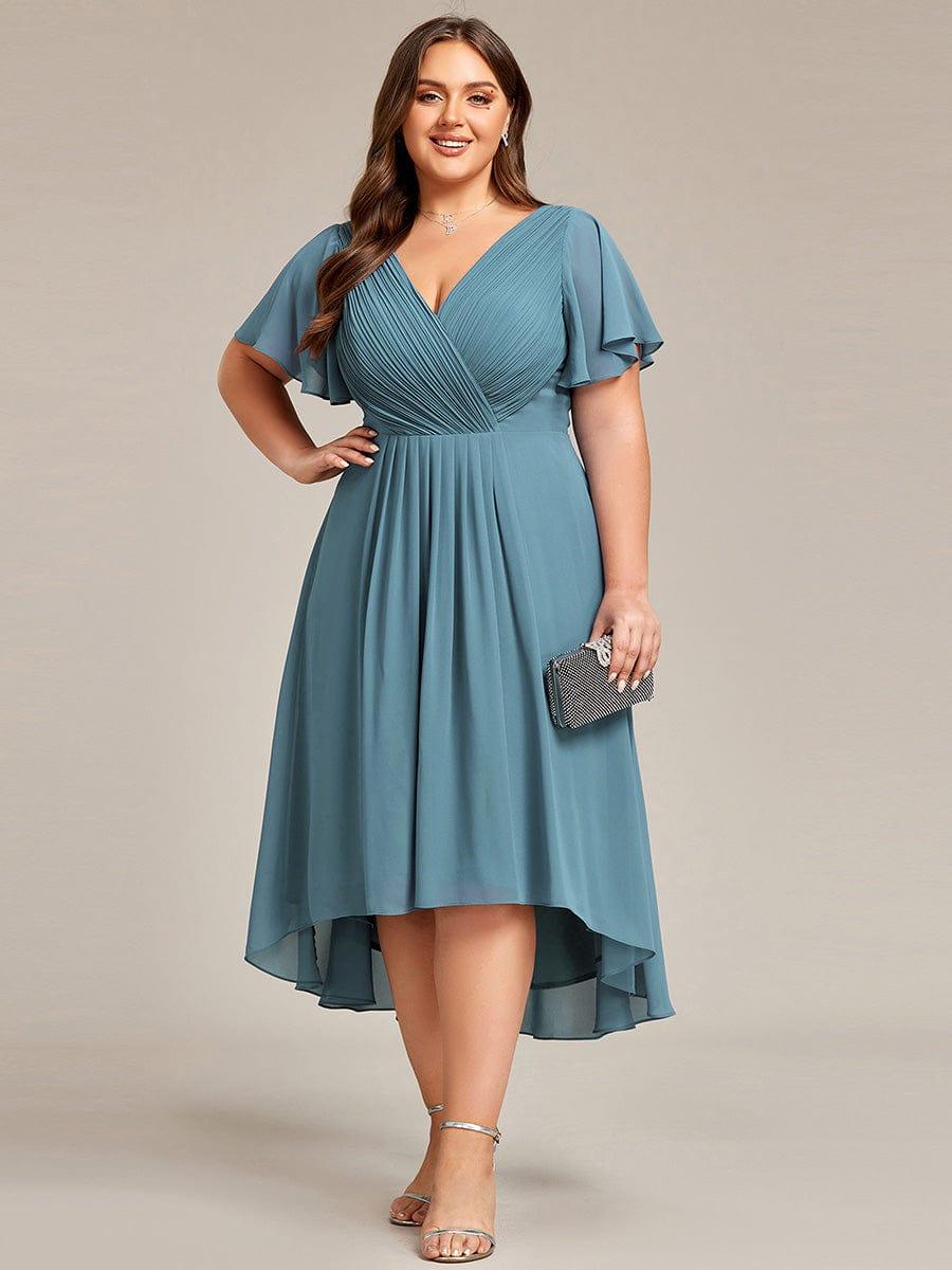 FAYE|Pleated Asymmetrical Hem Ruffles Sleeve Chiffon Bridesmaid Dress