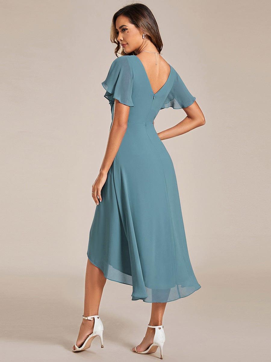 FAYE|Pleated Asymmetrical Hem Ruffles Sleeve Chiffon Bridesmaid Dress