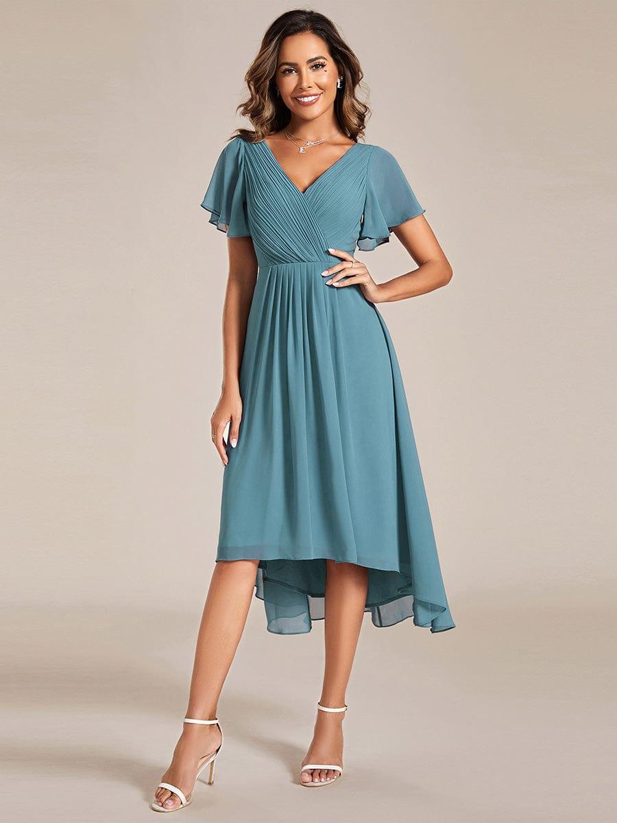 FAYE|Pleated Asymmetrical Hem Ruffles Sleeve Chiffon Bridesmaid Dress