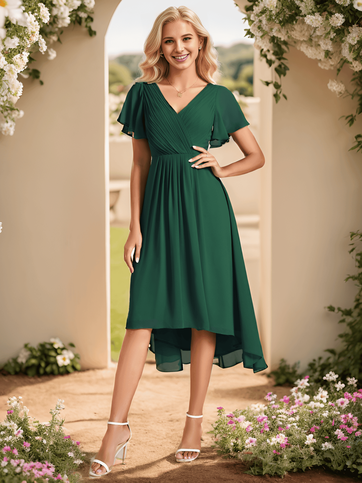 FAYE|Pleated Asymmetrical Hem Ruffles Sleeve Chiffon Bridesmaid Dress