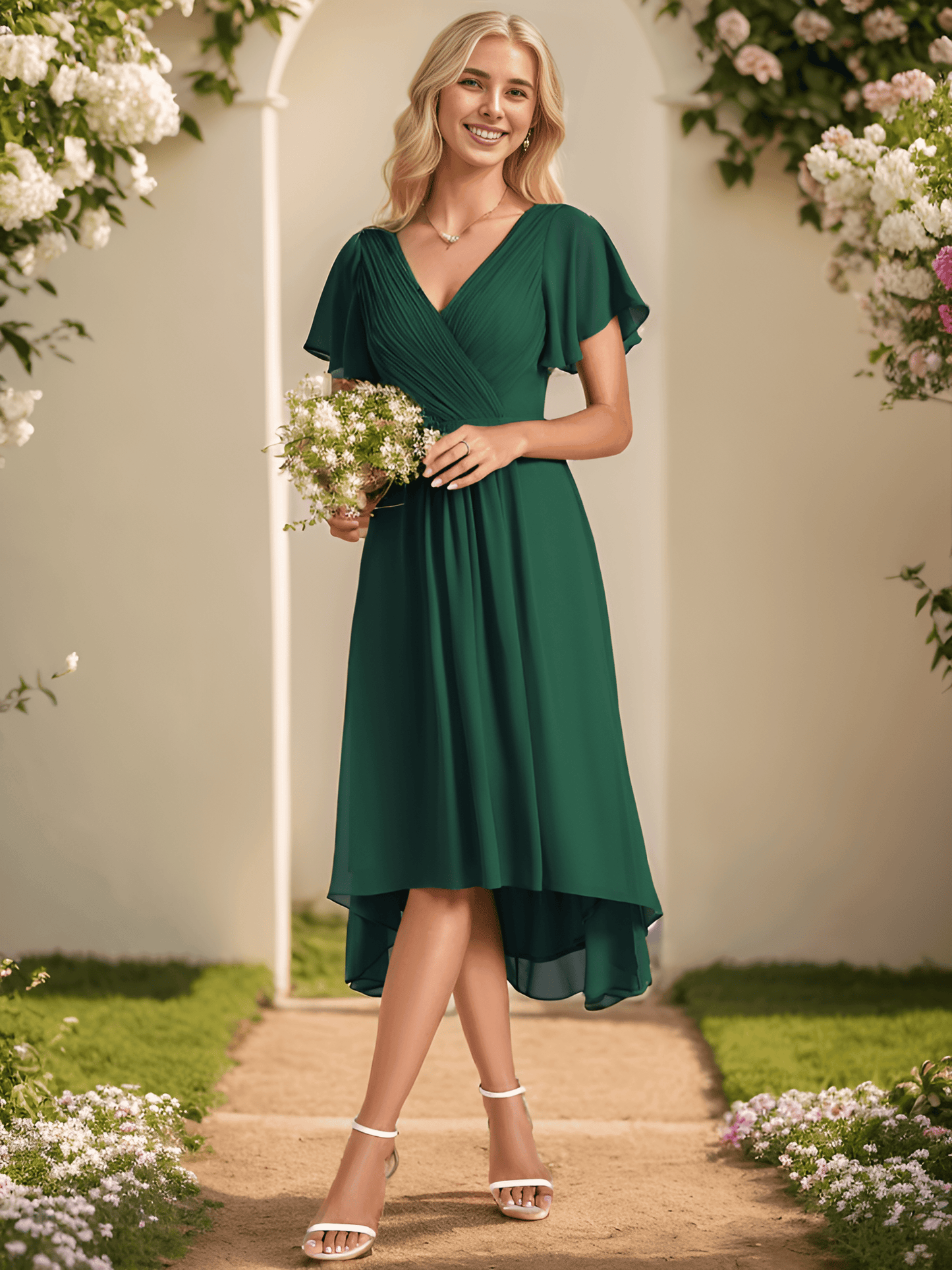 FAYE|Pleated Asymmetrical Hem Ruffles Sleeve Chiffon Bridesmaid Dress