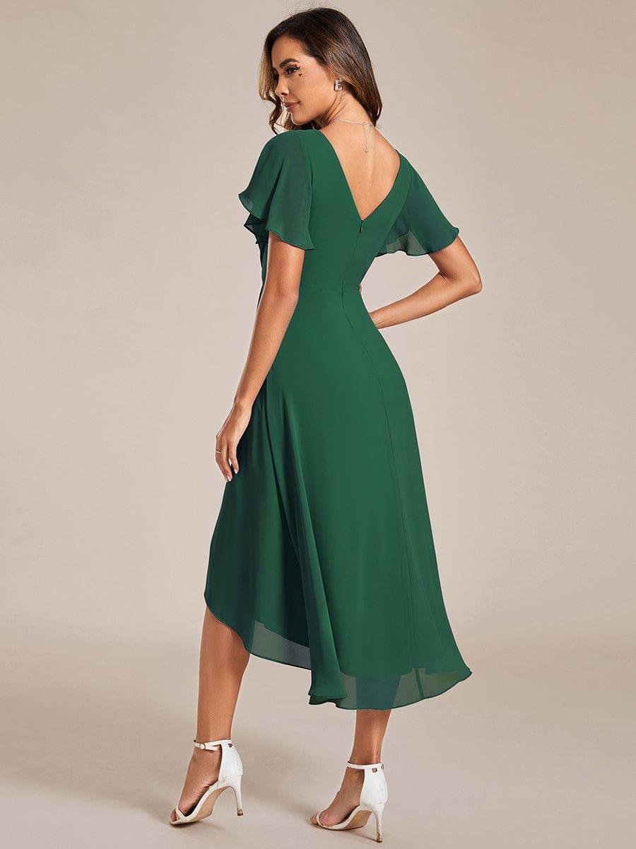 FAYE|Pleated Asymmetrical Hem Ruffles Sleeve Chiffon Bridesmaid Dress