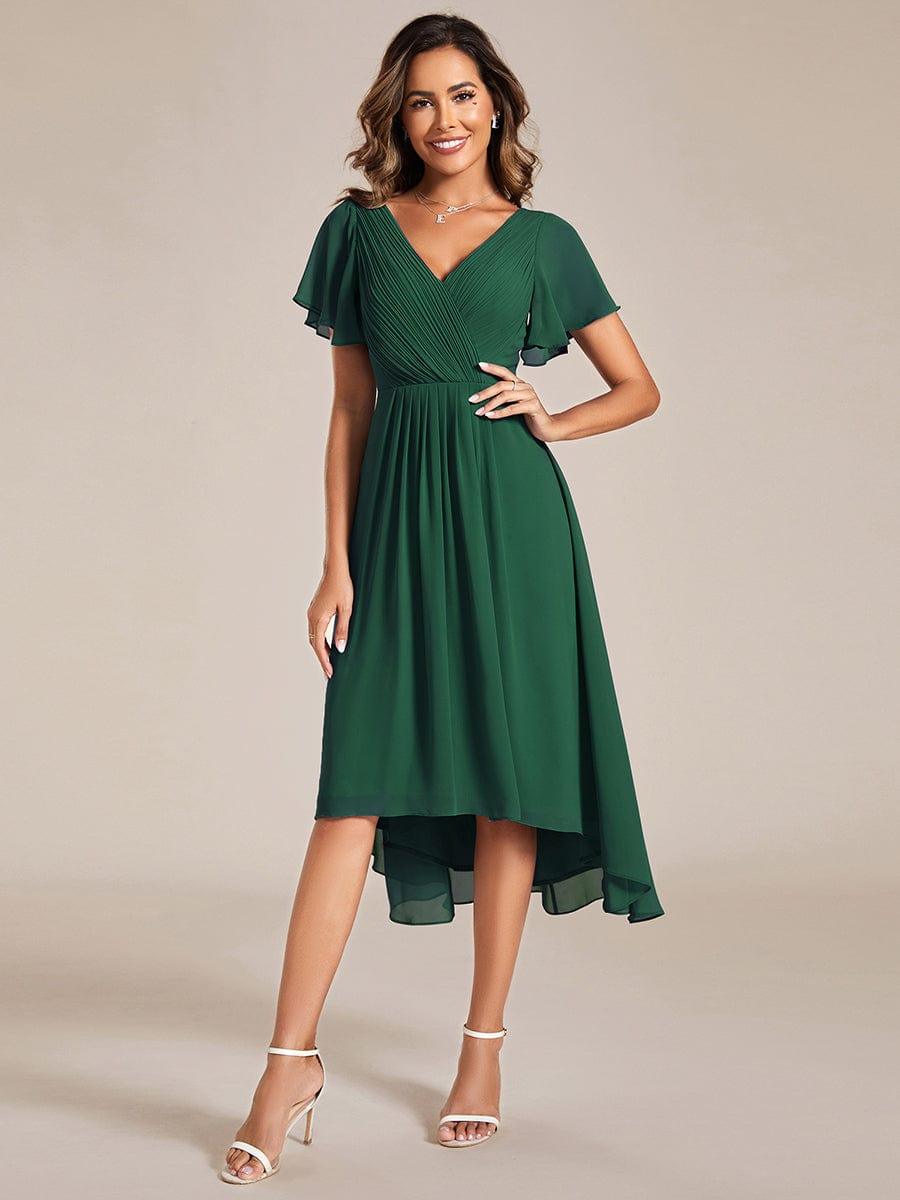 FAYE|Pleated Asymmetrical Hem Ruffles Sleeve Chiffon Bridesmaid Dress