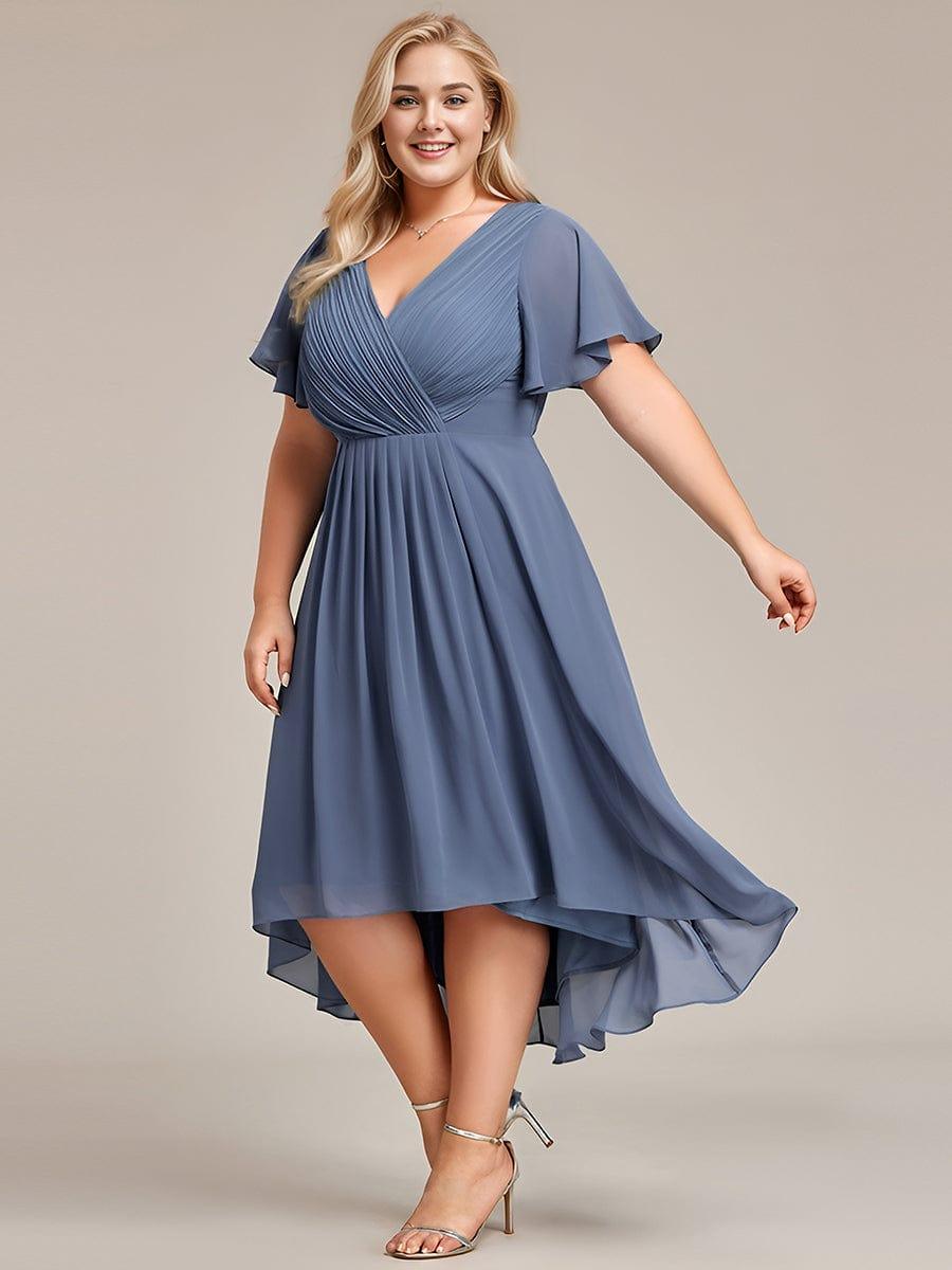 FAYE|Pleated Asymmetrical Hem Ruffles Sleeve Chiffon Bridesmaid Dress