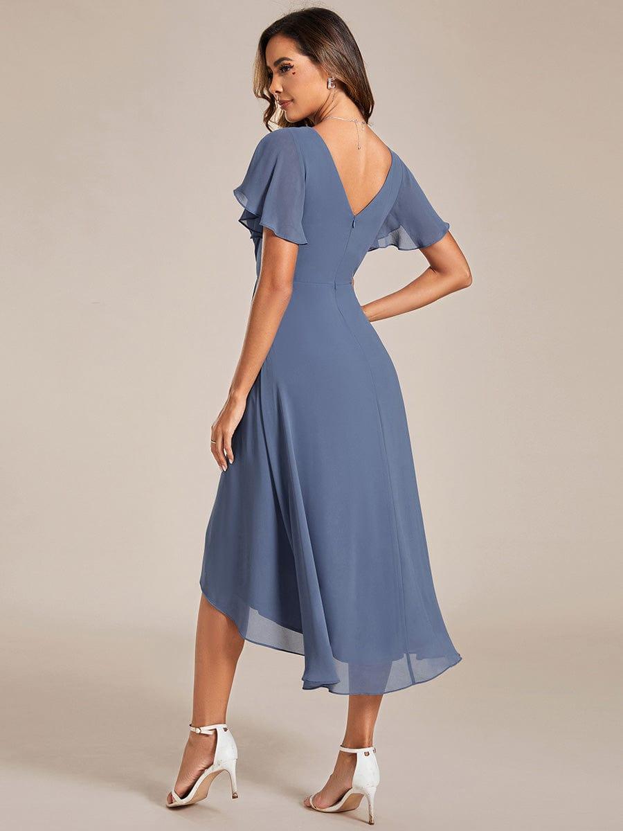FAYE|Pleated Asymmetrical Hem Ruffles Sleeve Chiffon Bridesmaid Dress
