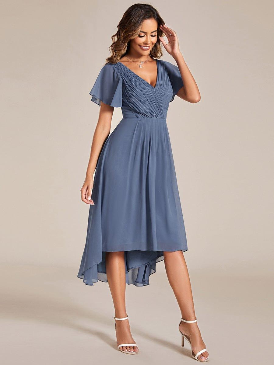 FAYE|Pleated Asymmetrical Hem Ruffles Sleeve Chiffon Bridesmaid Dress